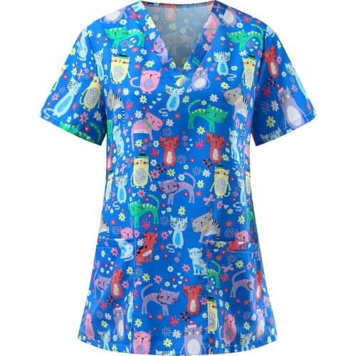 Summer Women Nurse Uniform T-shirt Fashion Cartoon Pattern Short Sleeve V Neck Care Workers Working Tops Gorro Enfermera A40