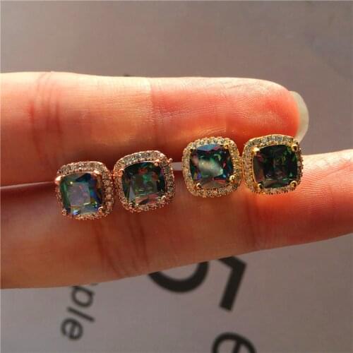 Charm Female Rainbow Colorful Zircon Stone Earrings Yellow Gold Square Stud Earrings Jewelry Vintage Wedding Earrings For Women