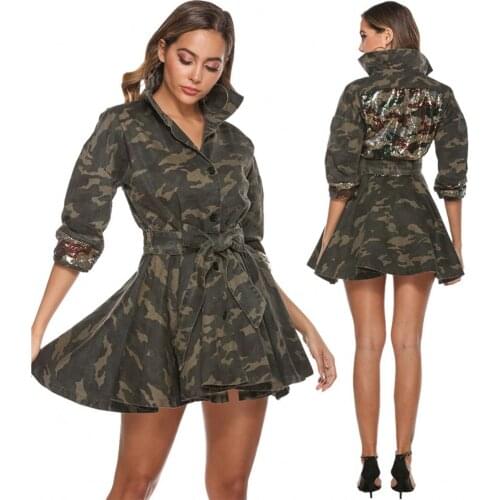Camouflage Lapel Single Breasted Womens Coat Waist Back Umbrella Skirt Fashion Coat 2021 Spring And Autumn New Casual Long Coat