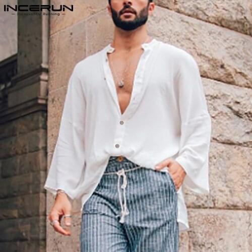 Solid Color Men Shirt Stand Collar 3/4 Sleeve See Through Thin Tops Breathable Streetwear 2021 Casual Camisa Masculina INCERUN