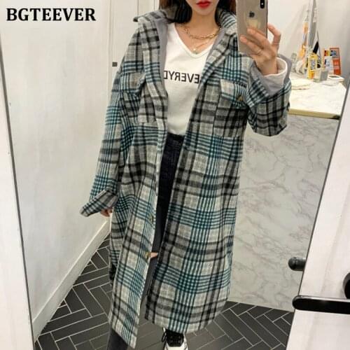 BGTEEVER Thick Vintage Single-breasted Patchwork Plaid Long Woolen Coat Women Turn-down Collar Loose Casual Female Outwear Tops