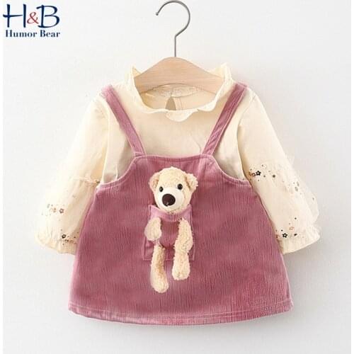 Humor Bear Baby Dress New Spring Autumn Infant Long Sleeve Cartoon Bear Fake Two Piece Princess Party Dress Toddler Clothes