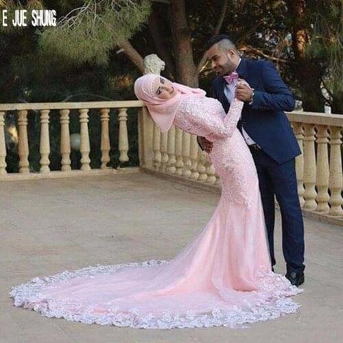 E JUE SHUNG Luxury Pink Muslim Wedding Dresses Long Sleeves High Neck Mermaid Bridal Gowns Lace Appliques Saudi Robe De Mariee