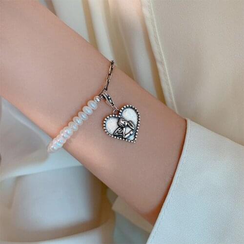 S925 sterling silver jewelry with angel love pearl bracelet ins student girlfriends couple personality female bracelet