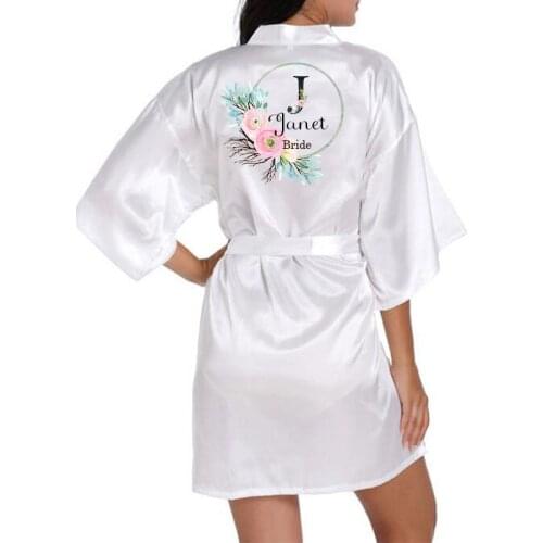 Wedding Bride Bridesmaid Floral Print Name Robe Satin Bathrobe Nightgown For Women Kimono Sleepwear