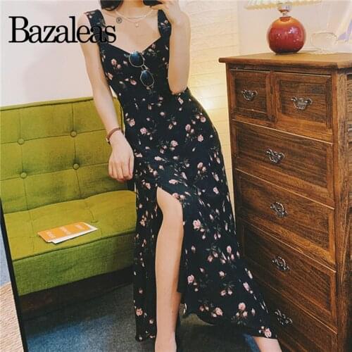Bazaleas Vintage Black Floral Print side split opens dress France Chiffon vestido Fashion Sleeveless Tank women midi dress