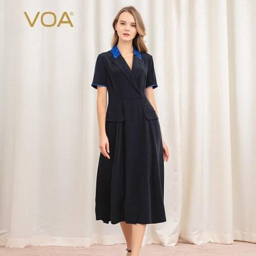 VOA 40m/m Silk vestidos Heavy Neck Yarn Dyed Woven Knot Spliced Flip False Bag Split Short Sleeve dresses women Dress A10555