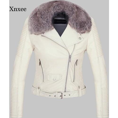 Women Winter Warm Faux Leather Jacket Coat with Fur Collar Female Pink Pu Motorcycle Jacket Biker Punk Black Outerwear