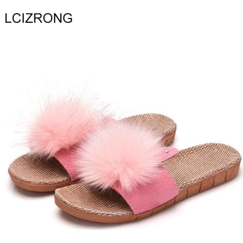 LCIZRONG Indoor Faux Fur Women Slippers Summer Cute Home Slipper Ladies Cotton Fabric Solid Linen Rhinestone Female Flat Shoes