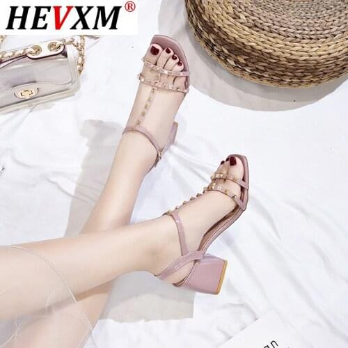 2021 Female Sexy High Heel Sandals Solid Color Shallow Mouth Fish Thick with Rivets Open Toe s