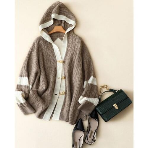 Aliaga winter new striped hooded coat fashion cable knitted womens 100% pure cashmere cardigan coat