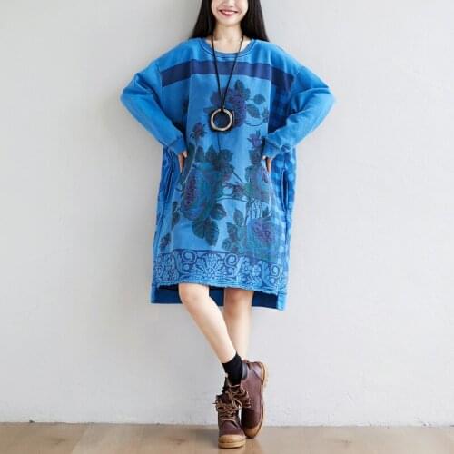 Johnature Autumn New Retro Print O-neck Pockets Long Sleeve Irregular Dress 2020 Loose Comfortable Plus Size Women Fashion Dress