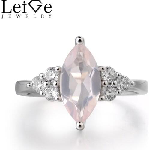 Leige Jewelry Wedding Ring Natural Pink Quartz Gemstone Marquise Cut Real 925 Sterling Silver Romantic Classic Gifts For Girls