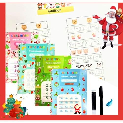 A4 Christmas Copybook English Children’s Magic Book and Repeatable Groove Writing and Correction Handwriting Practice Toy Gift