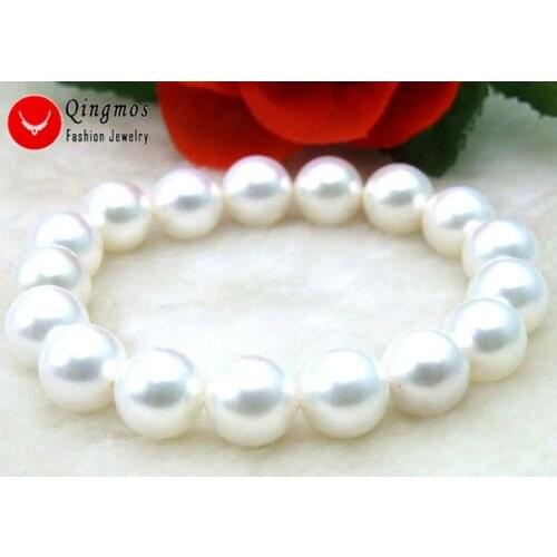 Qingmos White Sea Shell Pearl Bracelet for Women with 12MM High Luster Round Sea Shell Pearl Bracelet Fine Jewelry bra171