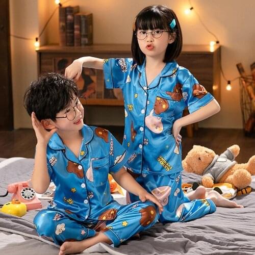 Kids Pajama Sets Silk Satin Pajamas Boys Girls Clothing Sets Pyjamas Short Sleeve Tops+Shorts Skin-Friendly Casual Sleepwears