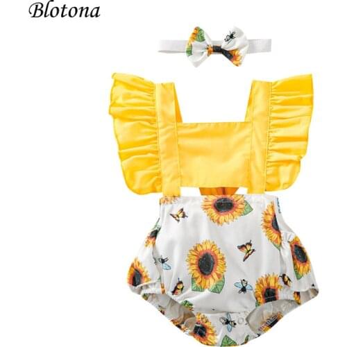 Blotona Adorable 2Pieces Kids Suit Set, Girls Sunflower Print Square Neck Fly Sleeve Baby Romper+ Headband for Summer