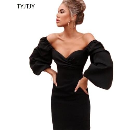 Women Sexy Bodycon Dress Pure V Neck Off Shoulder Lantern Sleeve Dress Party Night Elegant Midi Dress Mujer Black Dress