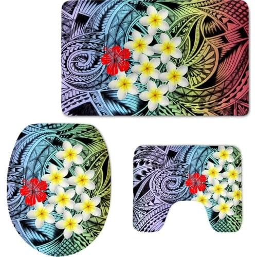 Gradient Style Polynesian Plumeria Bathroom Decor Accessories 3pcs Soft Non-Slip Absorbent Shower Carpet Washable Commode Pad