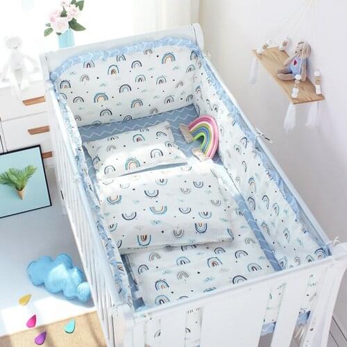 5Pcs Set Nordic Ins Baby Crib Bumper Cotton Cute Cartoon Print Bed Sheets Kids Room Bedding Set Children Room Decorative Cushion