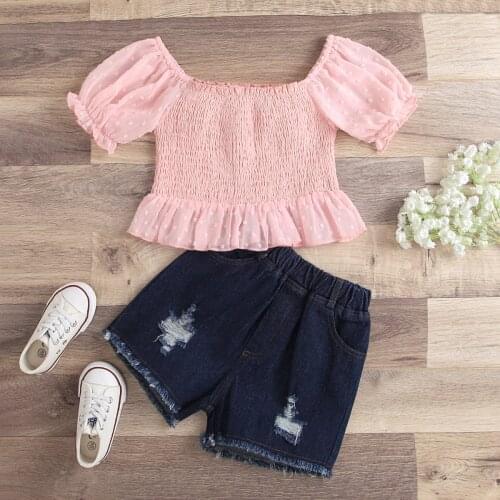 Fashion Kids Baby Girl Clothes Set Summer Casual Pink Short Sleeve Shirt Tops and Denim Shorts 2Pcs Outfits Children 1 To 6 Year