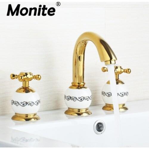 Monite Golden Plated Bathroon Bathtub Mixer Faucet Ceramic Base Hot & Cold Water Basin Sink Tap Faucet 3 Pcs Bidet Mixer Faucet