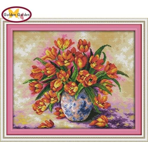 GG Colorful Tulips Cross Stitch Set Embroidery Cross Crafts Painting Joy Sunday Chinese Counted Cross Stitch Kits for Home Decor