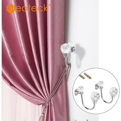 Neoteck 2 Pcs Round Silver Glass Crystal Curtain Tassel Hold Hook Tie Back Wall Hook Decorative Curtain Buckle Hook Wall Hook