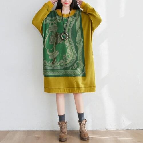 Female new autumn and winter plus size literary M-length dress washed round neck with velvet thick loose casual sweatershirt