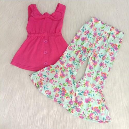 New arrival girl fashion outfit rose red top with bow and match bell pants 2 pieces baby girl flower pattern outfit
