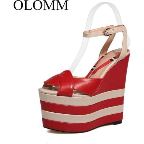 OLOMM 6Colors Size 34-40 Simple Women Real Genuine Leather High Wedges Sandals Ankle Strap Peep Toe Platform Summer Shoes TT-211