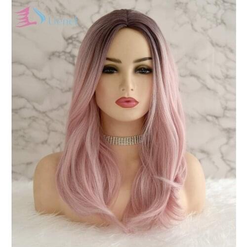 Uenel Candy Pink Wigs with Dark Roots Baby Pink Hair Wig Synthetic Hair Wigs Middle Part Natural Straight Hair Wig 20 inch