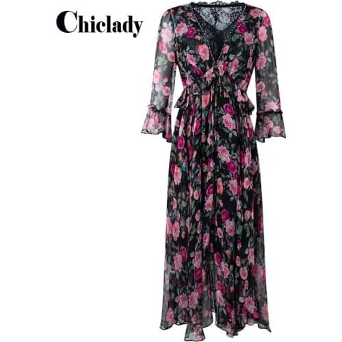 CHICLADY LOOSE midi dress rose flower v-neck falre sleeve 2021 spring autumn new fashion casual plus size 3xl dresses vestidos