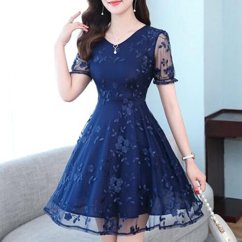 Dress Women 2021 New Summer Plus Size Dresses Elegant A-Line Solid Puff Sleeve Empire V-Neck Ladies Embroidery Mesh Dress M-5XL