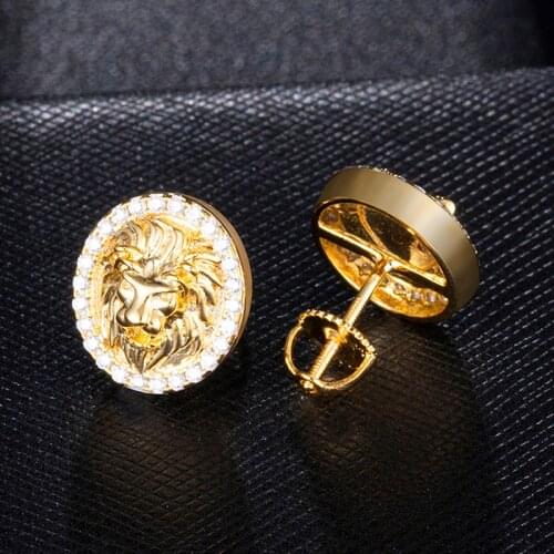 New Hip HOP 1Pair Zircon Micro Paved Lion Iced Out Rhinestone CZ Stone Round Bling Stud Earring Copper Earrings for Men Jewelry