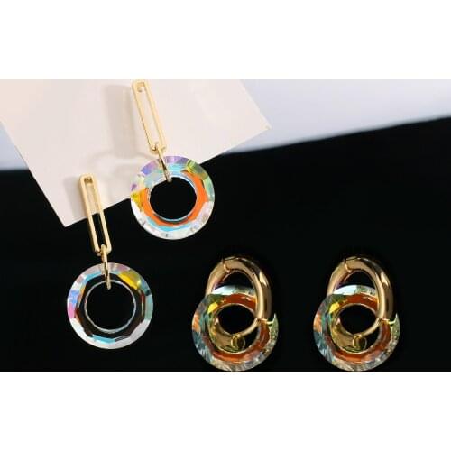 AMORCOME Korean Transparent Colorful Crystal Hoop Earrings for Women Girl Golden Metal Geometric Round Earrings Trendy Jewelry