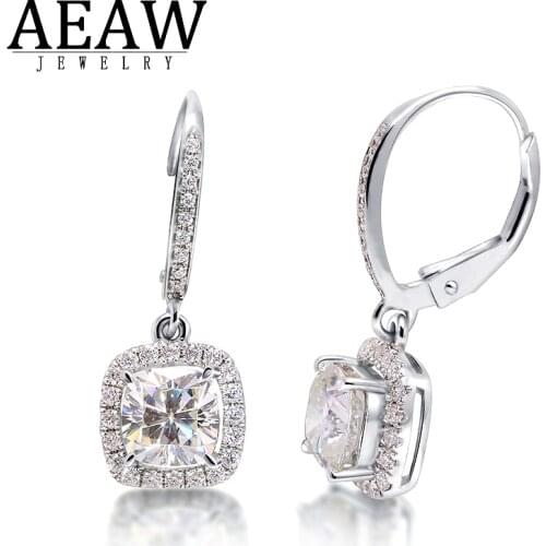 Genuine 14K White Gold 6*6mm Cushion Cut D Color Moissanite Main Stone Dangling Drop Earring for Women Fine Jewelry Gift