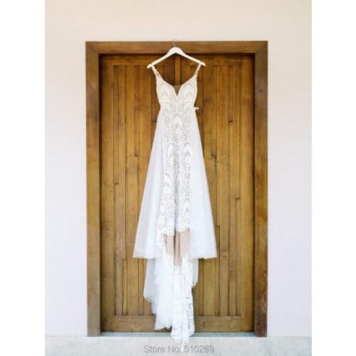 Boho Fit And Flare Wedding Dress Vestido De Noiva Floral Lace Plunging V Neckline Bridal Gowns Robe De Mariee Custom Size
