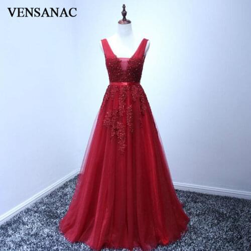 VENSANAC 2018 A Line Lace Appliques V Neck Long Evening Dresses Sleeveless Beadings Sash Sweep Train Party Prom Gowns