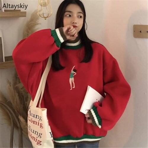 Sweatshirts Women Autumn Winter Chic Korean Style Loose Preppy Style Patchwork Embroidery Womens Clothing Female Simple Kawaii