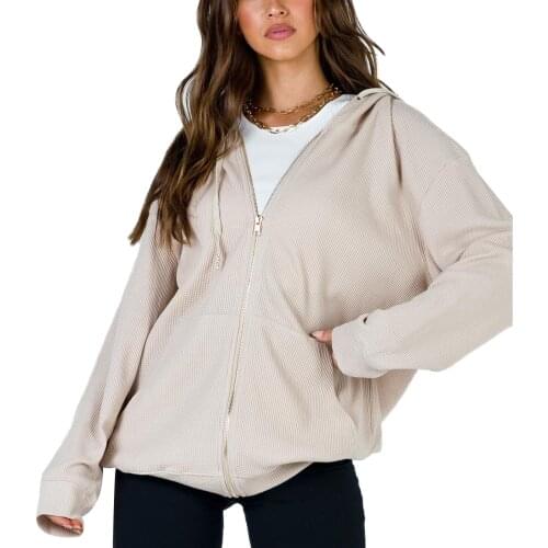 Womens Zip Up Hoodies Coats Long Sleeve Solid Color Drawstring Jacket with Pockets Cardigans Ladies Autumn Casual Sweatshirts