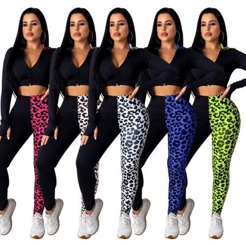 Adogirl Women Leopard Print Patchwork Sport Two Pieces Set Hooded Tops Stacked Jogger Pants Suits Tracksuits Fitness Outfits