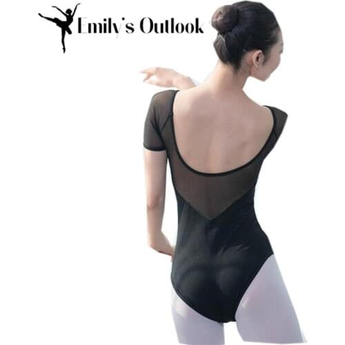 Womens Short Sleeve Leotard For Gymnastic Ballet Dance Costumes Cotton Spandex One Piece Bodysuit Sexy Mesh Back Black 2XL