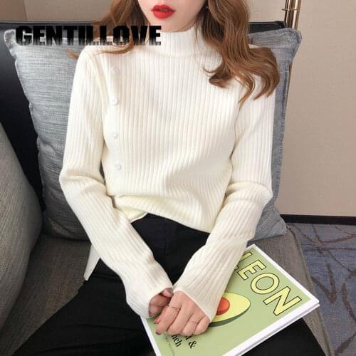 Woman Sweaters Half Turtleneck Kintted Pullover Solid Slim Single Breasted Bottomed Shirt Long Sleeve Warm Top Tee Korean Lady