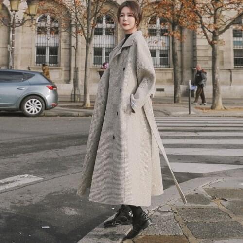2021 Winter New Lapel Temperament Female Coat Women Woolen Coats Houndstooth Lengthened Loose Fashion Thick Single-Breasted