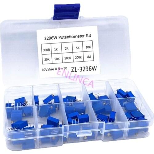50pcs/lot 3296W Series 500R 1K 2K 5K 10K 20K 50K 100K 200K 1M Multi-turn Potentiometer 10K Variable Resistors with Box Set