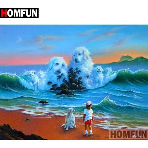HOMFUN Full Square/Round Drill 5D DIY Diamond Painting "Girl dog sea" 3D Embroidery Cross Stitch 5D Home Decor Gift A17262