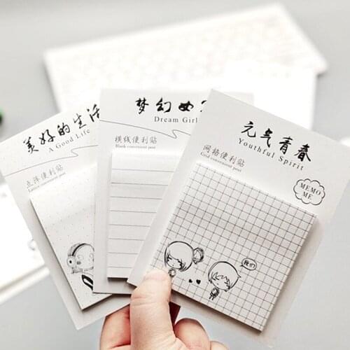 3Pack Korean Simple cartoon creative post Memo sticky Notepad black line Writing message grid square 3style 7.2*7.2CM