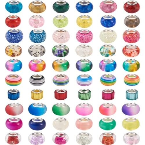 100pcs Mixed Styles Resin European Beads Large Hole Striped Gradient Color Rondelle Beads with Brass Cores Fit Bracelet Making