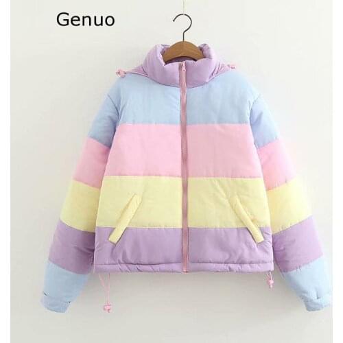 Genuo New 2020 Rainbow Color Striped Parka Women Short Hooded Coat Students Sweet Fresh Outwear Winter Jacket Women
